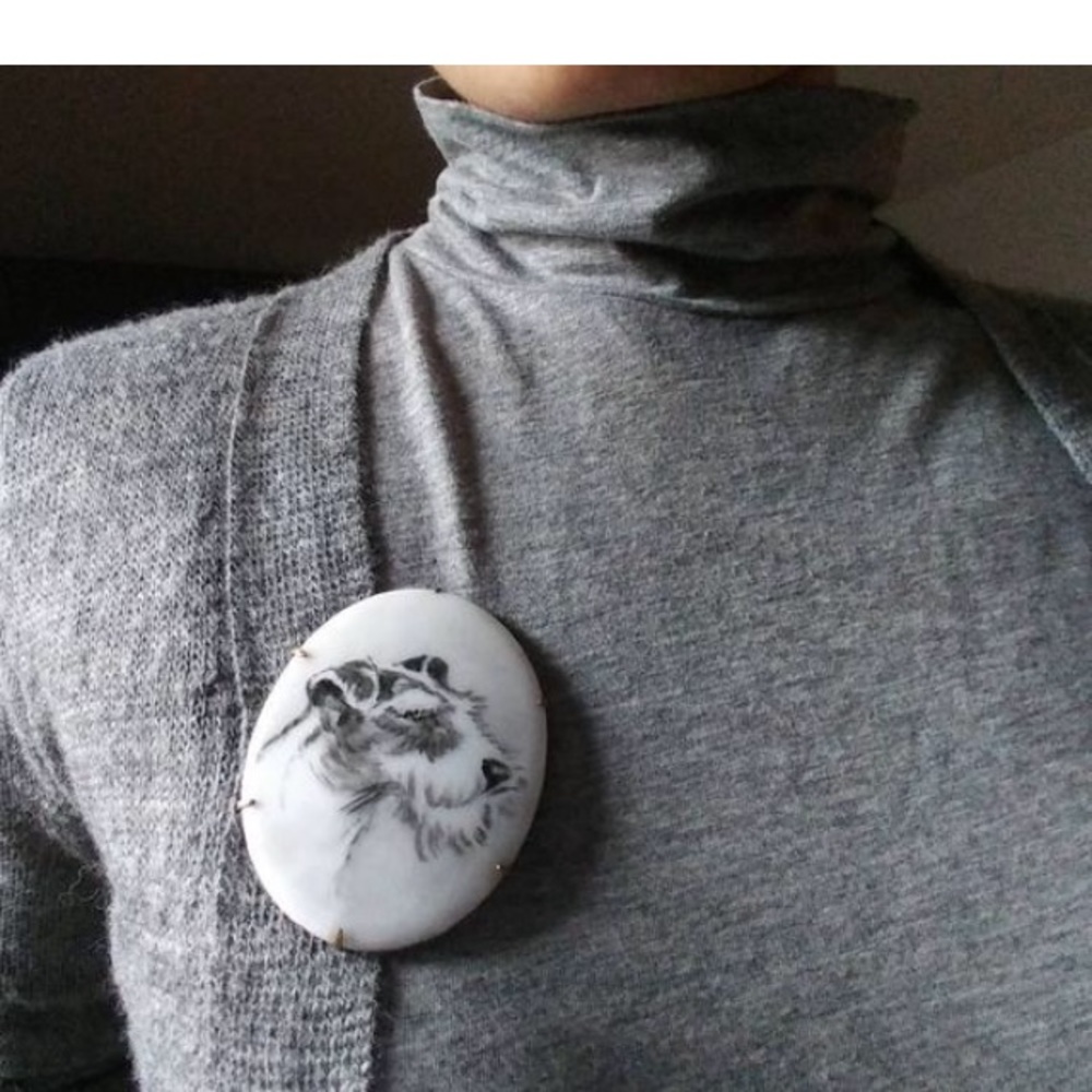 Unique Ceramic/Porcelain Dog Portrait Brooch